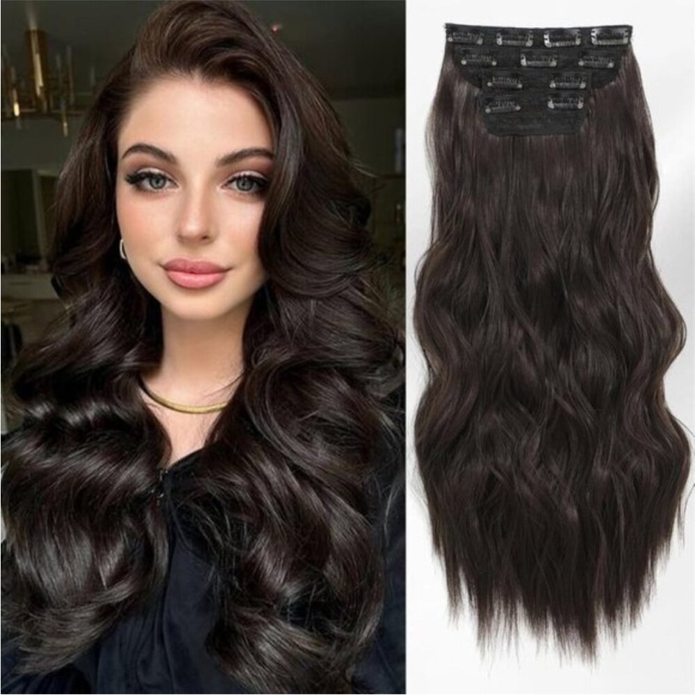 New Clip-in Hair Extensions Dark Brown 4PCS Long Wavy Soft Thick *NEW